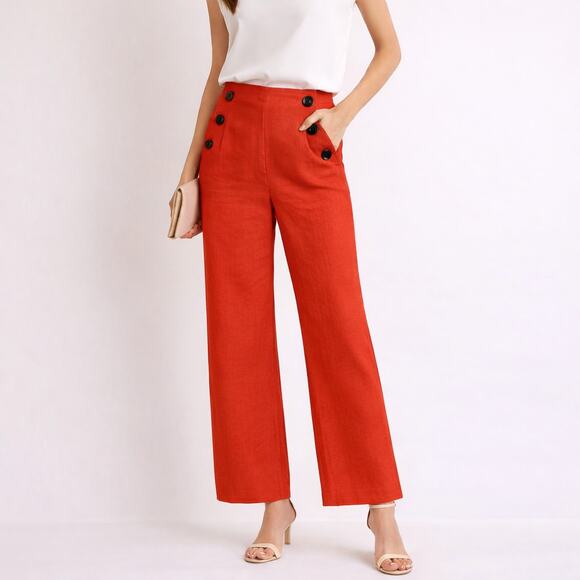Boden Pants - Boden Wide Leg Sailor Pants Size 6 Dark Orange 100% Linen Button Front Euro Chic